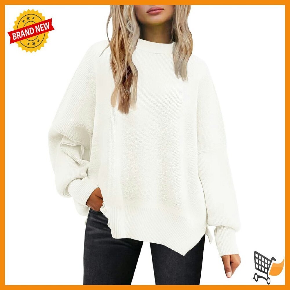 Oversized Crewneck Sweater Batwing Sleeves Side Slit Knit Pullover Top